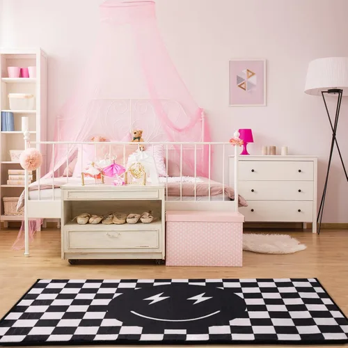 Vista 6 de Demissle Alfombra negra con diseño de sonrisa, diseño a cuadros, divertida, para dormitorio, contemporánea, a cuadros, decoración de habitación