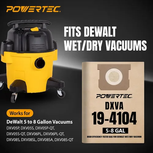 Vista 3 de POWERTEC DXVA19-4104 Shop Vac Bags 5PK para aspiradoras Dewalt de 5-8 galones en húmedo/seco DXV05P-QT, DXV05S-QT, DXV06P-QT, DXV06PL, DXV08SA