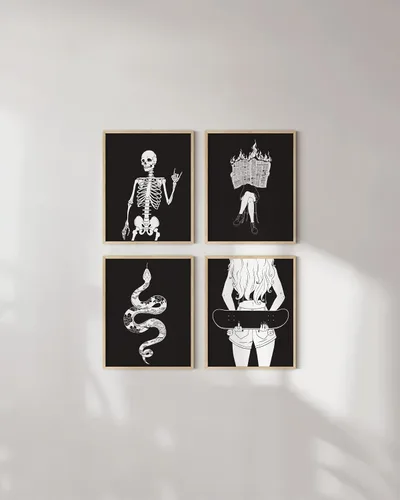 Vista 5 de HAUS AND HUES Decoración gótica de pared, juego de 4 impresiones de Halloween, arte de pared de terror y esqueleto, obra de arte espeluznante