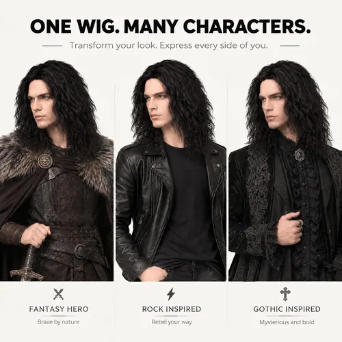 Vista 6 de Peluca ondulada corta negra con raya media para hombre, disfraz de cosplay Negro