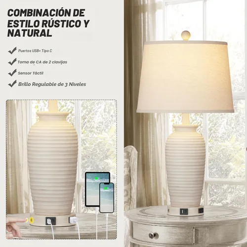 Vista 4 de CINSARY Juego de 2 lámparas de mesa de 24.3" estilo granja, lámparas de mesita de noche rústicas con control táctil de 3 vías con puertos USB A+C
