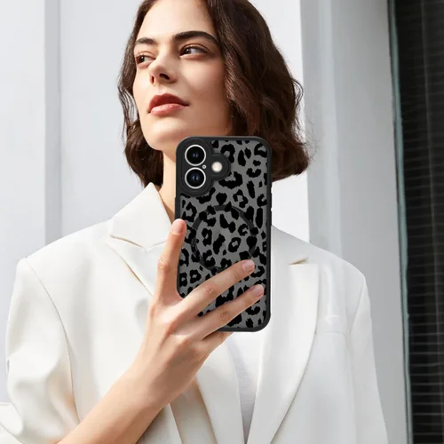 Vista 5 de Funda magnética para iPhone 17, estampado de leopardo negro [Compatible con MagSafe] Linda funda translúcida mate con parte trasera dura, a prueba