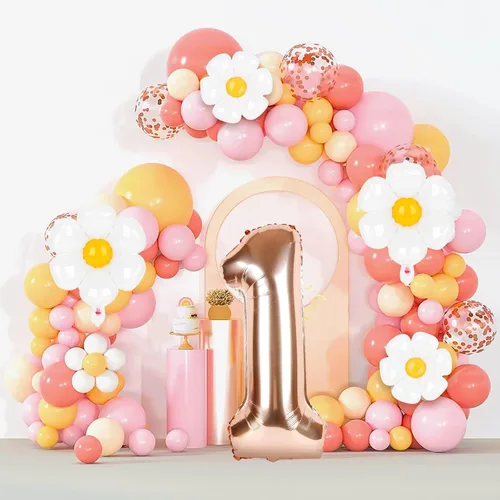 Vista 2 de Dripykiaa 5 globos de helio de aluminio para niñas de 40 pulgadas, diseño de margaritas de oro rosa