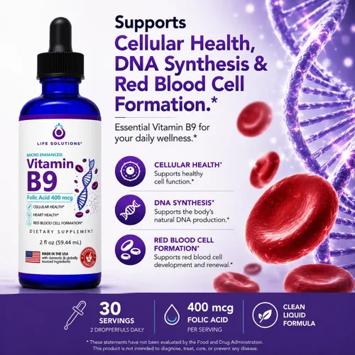 Vista 2 de Life Solutions - Gotas líquidas de vitamina B9, ácido fólico 400 mcg, 2 onzas líquidas 400 mcg de ácido fólico por porción en convenientes gotas