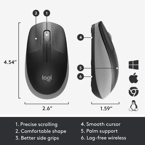 Vista 5 de Logitech Mouse inalámbrico M190 - Diseño de curva ambidiestro de tamaño completo, batería de 18 meses con modo de ahorro de energía, control preciso