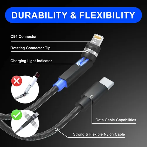 Vista 7 de Cable USB C a Lightning de 90 grados con conector giratorio de 360° de 6.6 pies [MFi y 3A y Carplay y Data] Cable de carga de nailon trenzado de 90