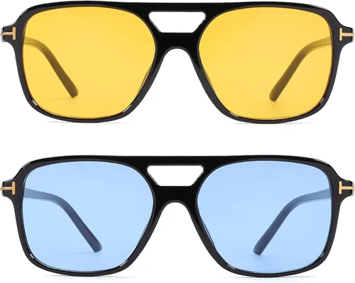 Vista 2 de Hycredi Gafas de sol estilo aviador vintage para mujeres y hombres marco cuadrado grande de los años 70 protección UV400