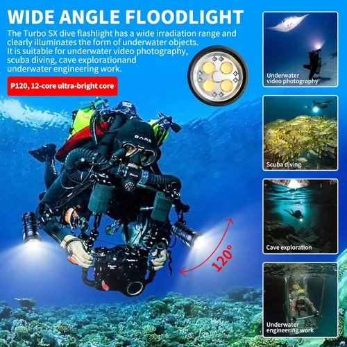 Vista 6 de Luz de buceo Turbo SX, 11000 lúmenes, luz de video subacuática de 328.1 ft, linterna de buceo, luz de buceo, linterna impermeable con para deportes