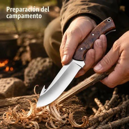 Vista 7 de Cuchillo de gancho de acero D2 hecho a mano - Hoja fija de espiga completa con mango de madera y funda de cuero - Cuchillo afilado para desollar