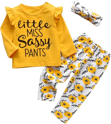 Vista 2 de Conjunto de 3 piezas de ropa de bebé niña de manga larga con letras y pantalones casuales y diadema