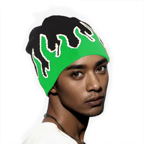 Vista 5 de Gorro de esquí de punto de llama verde, gorra de esquí Slouchy Rock Punk Skull Cap, Verde