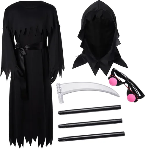 Vista 4 de Spooktacular Creations Disfraz unisex de la parca para niños, disfraz de Halloween con ojos rojos brillantes para niños para pedir truco o trato