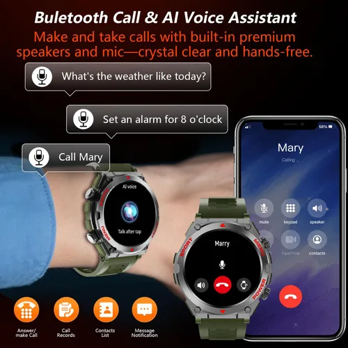 Vista 2 de Reloj inteligente militar para hombre con preguntas y respuestas AI (respuesta/hacer llamadas/respuesta SMS), reloj inteligente HD de 1.52 pulgadas