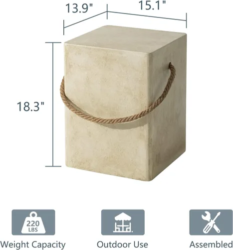 Vista 3 de COSIEST Mesa auxiliar rectangular de hormigón, mesa lateral de 15'' para exteriores con asas de cuerda de cáñamo, mesas auxiliares de patio, mesa