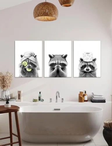 Vista 3 de Adorable póster artístico de mapache para baño, divertido póster de decoración de pared en blanco y negro, impresiones en lienzo de animales lindos