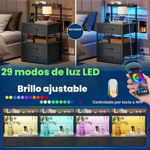 Vista 3 de Mesita de noche con estación de carga y luces LED, mesita de noche LED con 2 puertos USB y 2 salidas de CA, mesa auxiliar moderna con 3 cajones Negro