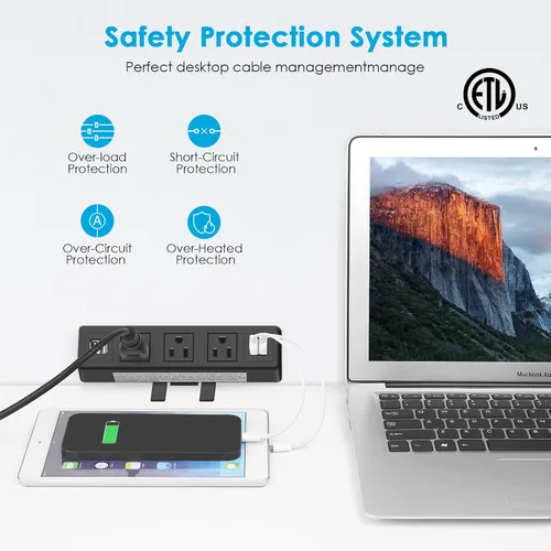 Vista 5 de Regleta de alimentación con abrazadera de escritorio de 3 salidas de CA, estación de alimentación de carga USB de montaje en escritorio, enchufe