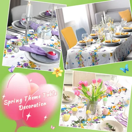 Vista 6 de 3 manteles florales desechables de plástico, mantel rectangular de tulipán lavanda, mantel de primavera y verano para mesa rectangular, hogar