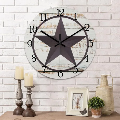 Vista 12 de Reloj de pared con diseño de país occidental de Texas, reloj de madera sin tictac, silencioso, funciona con pilas, con números grandes, reloj