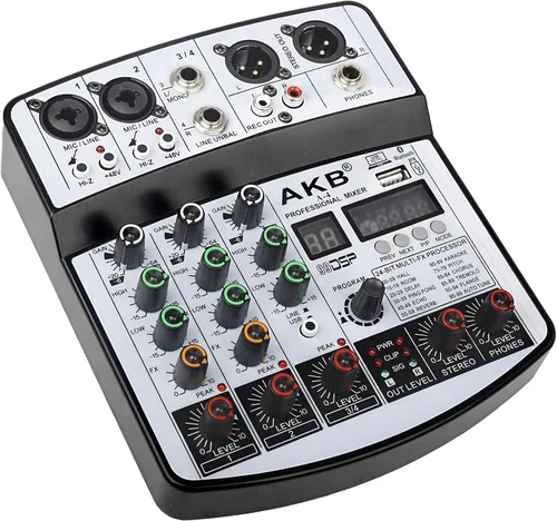 Vista 15 de Mezclador de Audio de 4 Canales, Mezclador DJ con Amplificador de Potencia, Tarjeta de Sonido de Audio con Alimentación Fantasma de 48V, Interfaz