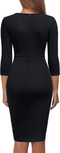 Vista 2 de Knitee Vestido retro de los años 50, manga 34, con volantes, cuello cuadrado, para negocios, cóctel, vestido de tubo