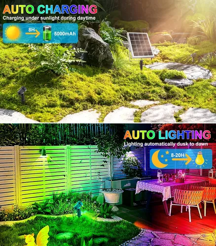 Vista 3 de MEIKEE 6 en 1 luces de paisaje RGB solares con control remoto, focos solares RGB LED que cambian de color, luces de punto RGB impermeables al aire