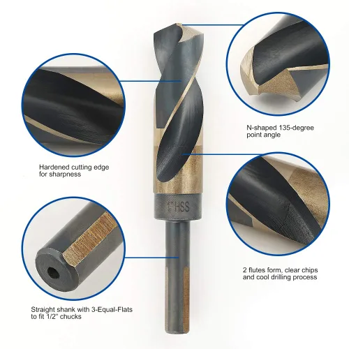 Vista 2 de COMOWARE Broca de vástago reducido de 1", HSS M2, broca negra y dorada con vástago de 3 planos de 1/2", punta dividida de 135°, brocas de metal