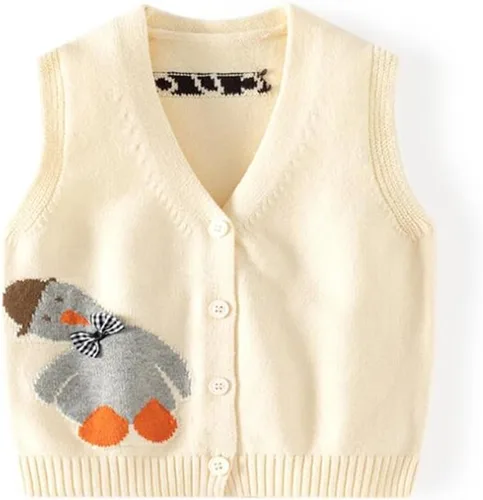 Vista 9 de Chaleco de suéter unisex para bebé con cuello en V y mangas sin costuras de algodón suave Cárdigan Oso Albaricoque