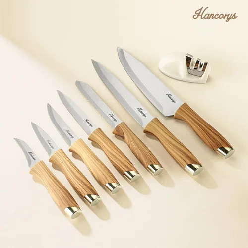 Vista 7 de Juego de cuchillos de cocina con afilador, juego de cuchillos de acero inoxidable alemán dorado con bloque y mango ergonómico de grano de madera