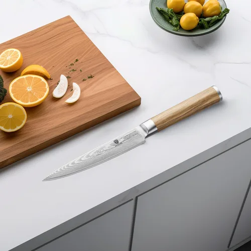 Vista 5 de Cuchillo de pelar de Damasco de 5.5 pulgadas: cuchillo profesional japonés con mango de madera de olivo, cuchillo para tallar frutas ultra afilado