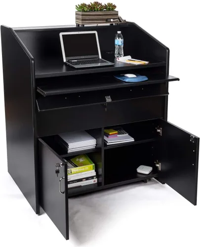 Vista 5 de Displays2go Podio multimedia rodante con estantería ajustable - (OLILCTMMLBK)