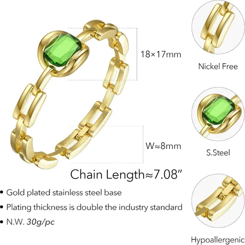 Vista 2 de EF ENFASHION Pulsera de eslabones de piedra de circonita verde, acero inoxidable, chapado en oro de 18 quilates, pulsera punk, para mujeres y niñas