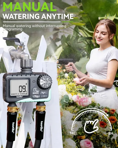 Vista 5 de RAINPOINT Temporizador de agua para manguera de jardín, temporizador de rociador de 2 zonas con retardo de lluvia, riego manual, riego automático