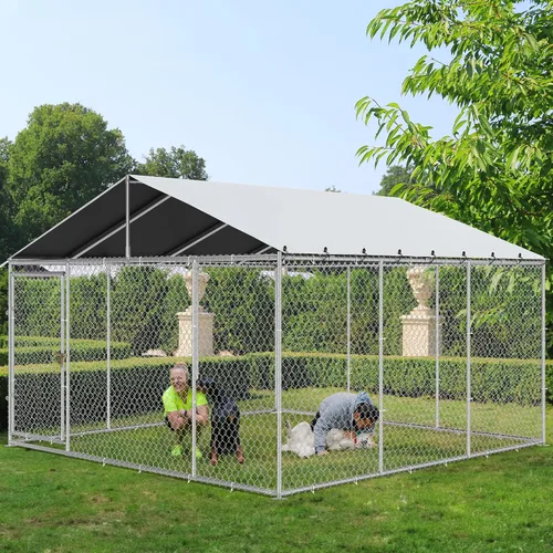 Vista 12 de YITAHOME Perrera para perros al aire libre con comederos giratorios, recinto para perros al aire libre de 7.5 x 7.5 pies con techo, jaula resistente