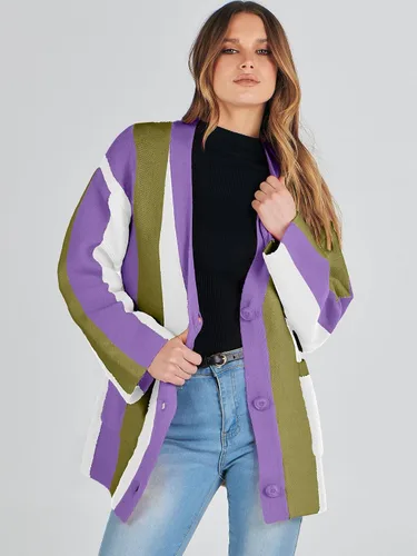 Vista 8 de ANRABESS Cárdigan de punto trenzado para mujer, manga larga, frente abierto, bloque de color, estilo bohemio, a rayas, abrigos para exteriores