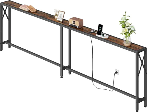 Vista 16 de Gewudraw - Mesa de sofá estrecha de 55.1", mesa consola con tomas de corriente y puertos USB, mesa de entrada, mesa de sofá industrial para pasillo