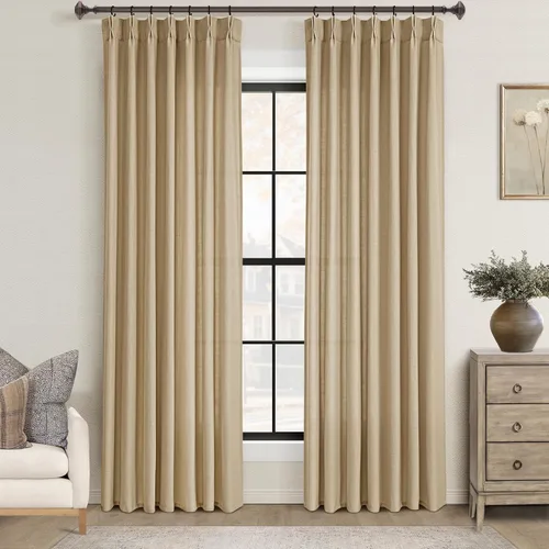 Vista 24 de Cortinas de lino de 63 pulgadas, juego de 2 paneles para sala de estar, beige natural, cortinas con pliegues pellizco entrenadas con memoria