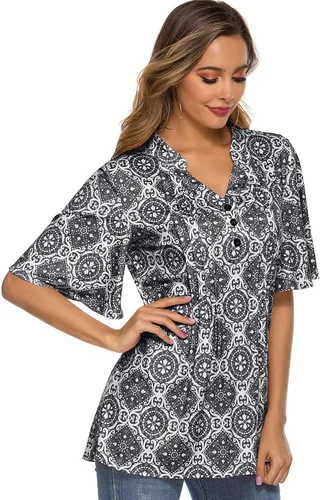 Vista 4 de HOCOSIT - Camiseta de manga corta con olanes y cuello en V con estampado de flores, plisada y abotonada, para mujer