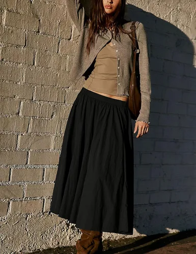 Vista 2 de Zontroldy Falda midi de moda para mujer, cintura elástica, plisada, casual, de algodón, con bolsillos