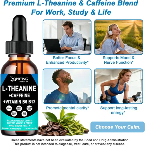 Vista 3 de L Theanine - Suplemento de cafeína en gotas líquidas orgánicas para mujeres y hombres Suplemento energético enfocado con L-teanina de 200 mg y 50
