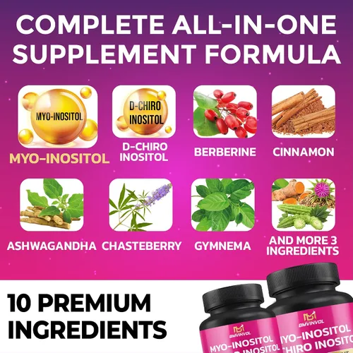 Vista 3 de BMVINVOL Paquete de 2 suplementos de inositol - Myo-Inositol y D-Chiro Inositol Ideal 40:1 Ratio - Más Berberina, Canela, Ashwagandha+5