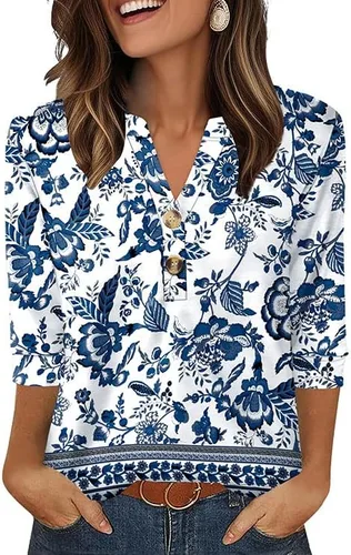 Vista 15 de OFEEFAN - Camisetas de manga 3/4 estilo Henley para mujer, blusas de moda de otoño 2025, atuendos escolares para maestras Raya