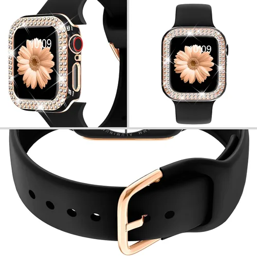 Vista 3 de DABAOZA Compatible con Apple Watch de 1.496 pulgadas con funda de parachoques con purpurina, correa ajustable de silicona negra, suave y cómoda