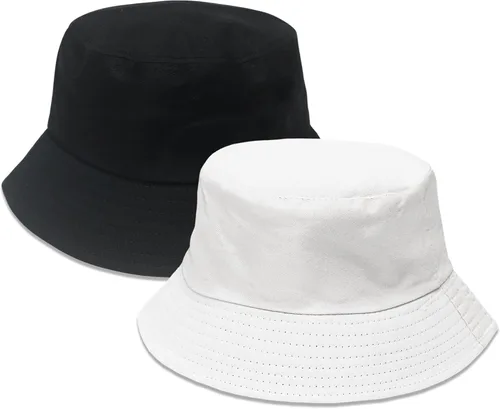 Vista 16 de PFFY 2 Packs Bucket Hat for Women Men Cotton Hats Sun Beach Fishing Cap 2 paquetes negro (reversible)