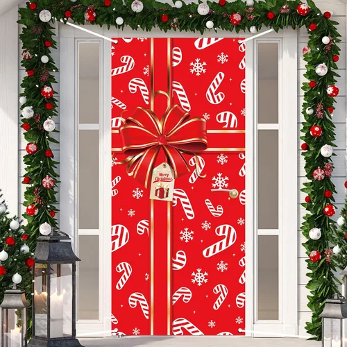 Vista 8 de Cartel de Navidad para puerta, decoración de Feliz Navidad, búfalo a cuadros rojos y negros, telón de fondo de caja de regalo de Navidad, lazo
