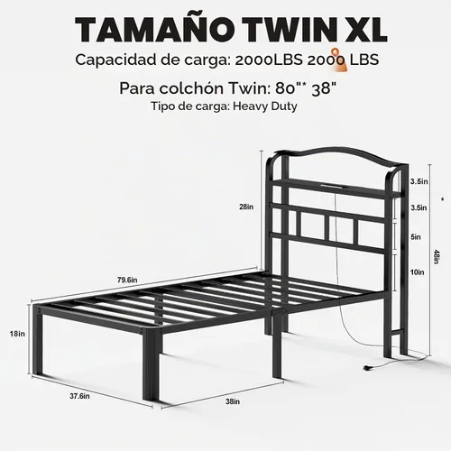 Vista 2 de Base de cama Individual XL con cabecera, base de colchón de metal, armazón de cama de 18 pulgadas de alto, no necesita somier, base de cama de 46 cm