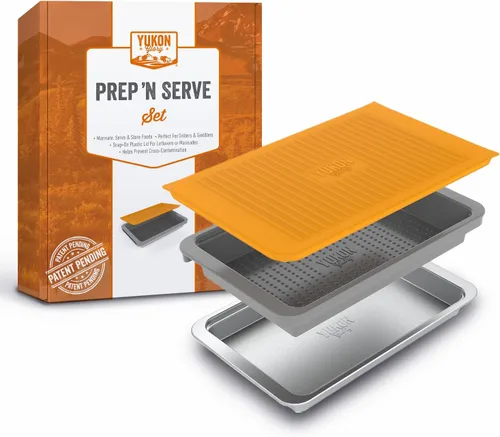 Vista 9 de Yukon Glory Prep 'N Serve - Juego de bandeja para preparar y servir BBQ con tapa + Plato para servir de acero inoxidable - Apilable, apto