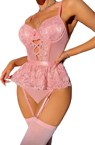 Vista 4 de Lilosy Conjunto de lencería sexy con lazo entrecruzado con realce y encaje floral de malla con forma de corazón