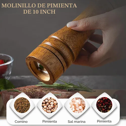 Vista 8 de Molinillo de pimienta de madera de 10 pulgadas de grosor ajustable, molino de pimienta de madera o molino de sal con rotor de cerámica ajustable