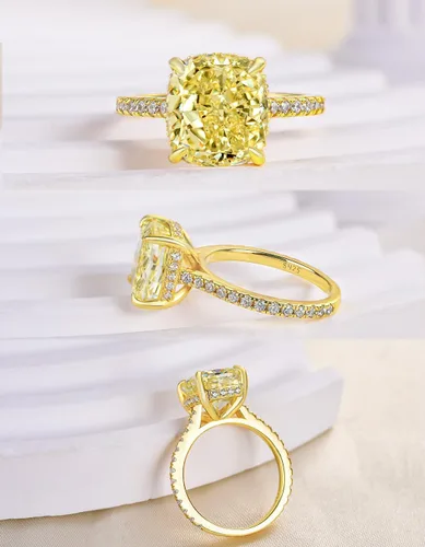 Vista 20 de Anillo de compromiso de corte cojín de 4 quilates para mujer, piedra blanca/amarilla grado 5A, circonita cúbica S925, plata, amarillo/blanco/oro rosa